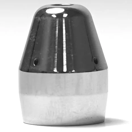 The Lelit 9500022 Washer, featuring a shiny metallic, bullet-shaped design with a dark upper half and silver lower half, is displayed in close-up against a plain white background. © 2025 1st-line.com