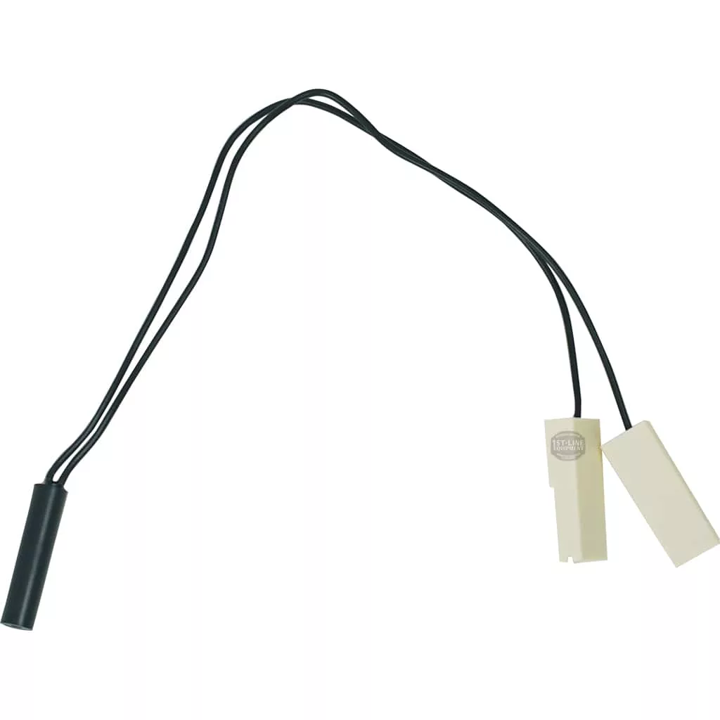 The Lelit 9600009 Read Sensor for Under Base Under Reservoir features black and white wires, a black cylindrical sensor, and two rectangular white plastic parts—ideal for accurately detecting sensor status under the reservoir. © 2025 1st-line.com