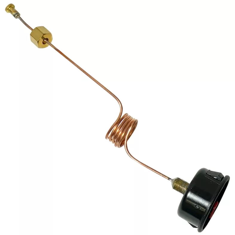 The Lelit 9700031 VIP Line Brew Pressure Gauge ensures precise control, similar to a copper wire antenna with a threaded black base and brass fitting, designed for flawless and accurate connections. © 2025 1st-line.com