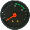 The Lelit 9700031 VIP Line Brew Pressure Gauge is a round analog gauge with a black face, orange needle at 7, green markings from 8–12 (upper right), and two gold contacts at the bottom center for Lelit espresso machines. © 2025 1st-line.com
