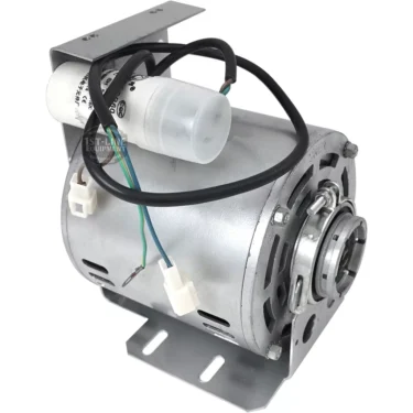 The V..242 165W 110V BRACKET MOTOR is a silver motor with mounted capacitor, attached wires, metal mounting bracket, and ventilation openings on the casing for optimal cooling. Ideal for equipment installation. © 2025 1st-line.com