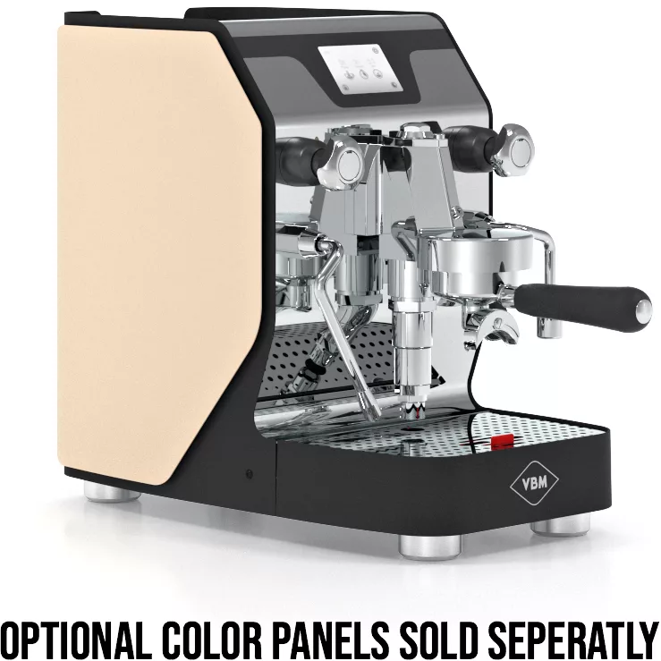 The VBM Domobar Super Analogic HX Espresso Machine w/ Flow Control features a modern design with optional light-colored side panels. OPTIONAL COLOR PANELS SOLD SEPARATELY is noted at the bottom. © 2025 1st-line.com