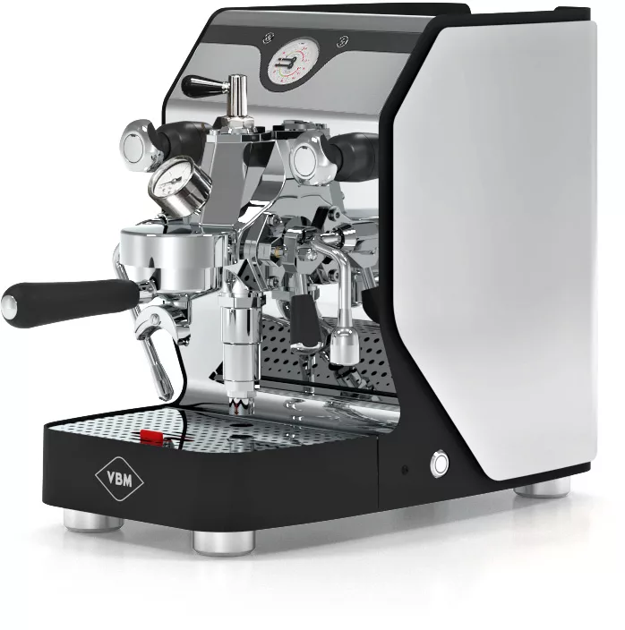 The VBM Domobar Super Analogic HX Espresso Machine w/ Flow Control, in sleek black and silver, features levers, pressure gauges, and a drip tray, all displayed against a white background. © 2025 1st-line.com