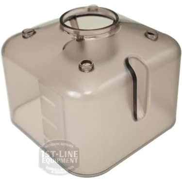 Translucent, square Lelit plastic water tank with rounded edges, circular top opening, side measurement markings, vertical water level slot, and 1st-Line Equipment logo at the bottom. Compatible with Lelit MC3700046 Bean Hopper. © 2025 1st-line.com