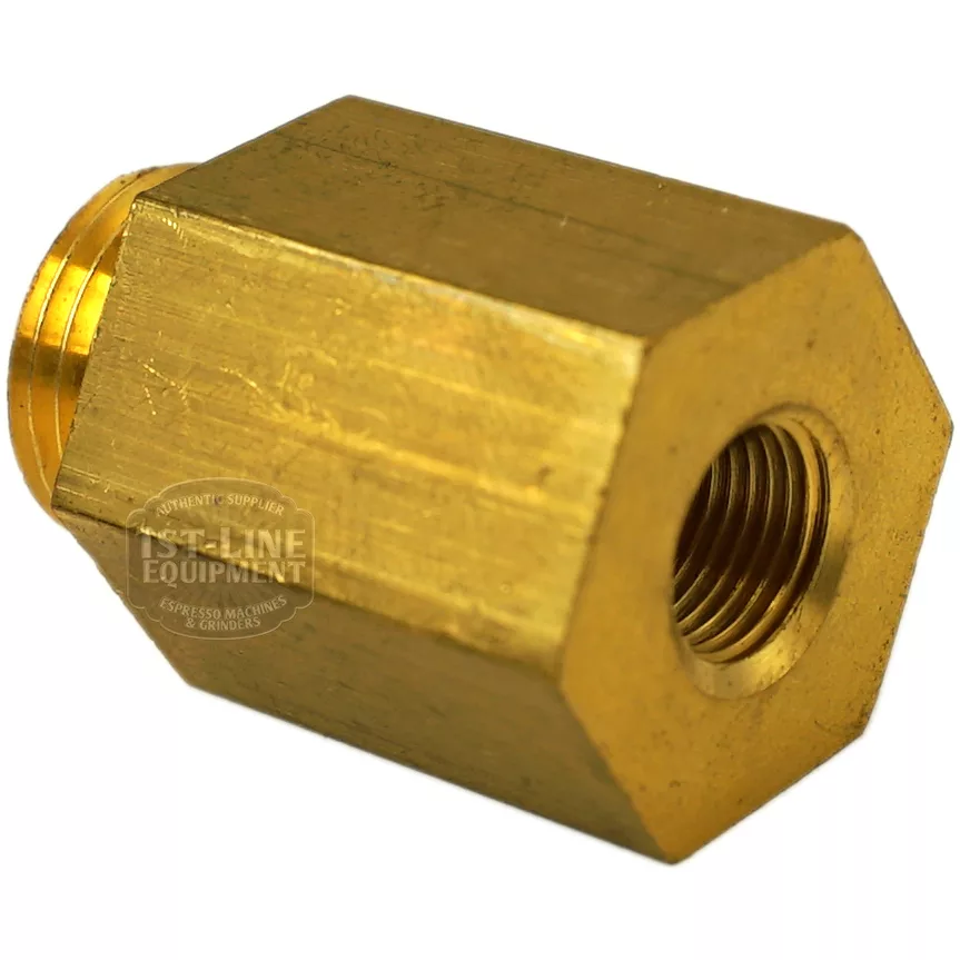 A close-up of the F..268 PULSER OUTLET FITTING, a brass hexagonal adapter with internal and external threads, designed for connecting pipes or hoses. © 2025 1st-line.com