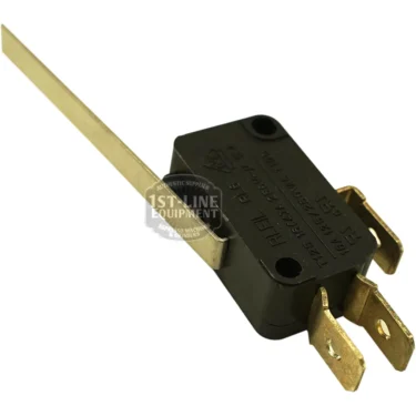 A close-up of the F..449 250V 6A GROUP MICRO switch shows technical markings, a long metal lever, and three brass terminals on a white background. Branding is visible on its black surface. © 2025 1st-line.com