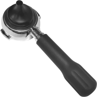 A Lelit PLA583S 58mm Pressurized Espresso Point Capsule Portafilter with a black handle, viewed from above on a white background, is fitted with a black plastic backflush cleaning disc. © 2025 1st-line.com