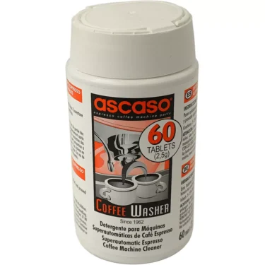 A white container of Ascaso Backflush Cleaning Tablets, featuring 60 tablets for espresso machines, with red and orange labeling and an illustration of coffee being poured into cups. © 2025 1st-line.com