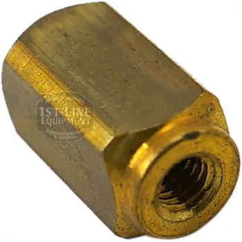 Close-up of the F..430 BRONZE SHORT VALVE GUIDE, a hexagonal brass nut with internal threading and a shiny gold finish, used to join two male-threaded rods or fittings. © 2025 1st-line.com