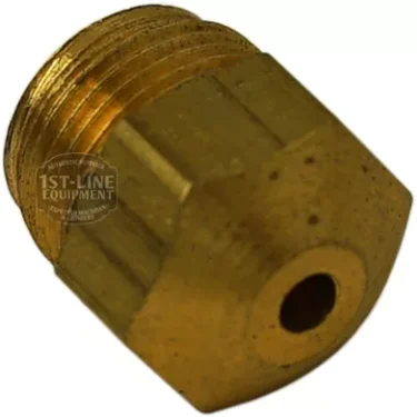 Close-up of the F..452 INJECTOR GIGLEUR/GICLEUR, a brass hexagonal nozzle with threading on one end and a small central hole, designed to control fluid or gas flow in equipment. © 2025 1st-line.com
