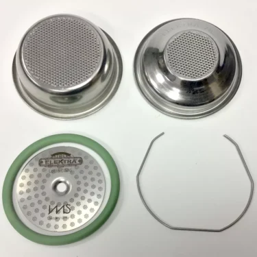 Four Elektra Competition Kit coffee machine filter parts are displayed on a white surface: two metal filter baskets, a flat green-edged filter screen, and a bent metal wire—perfect additions for barista competitions. © 2025 1st-line.com