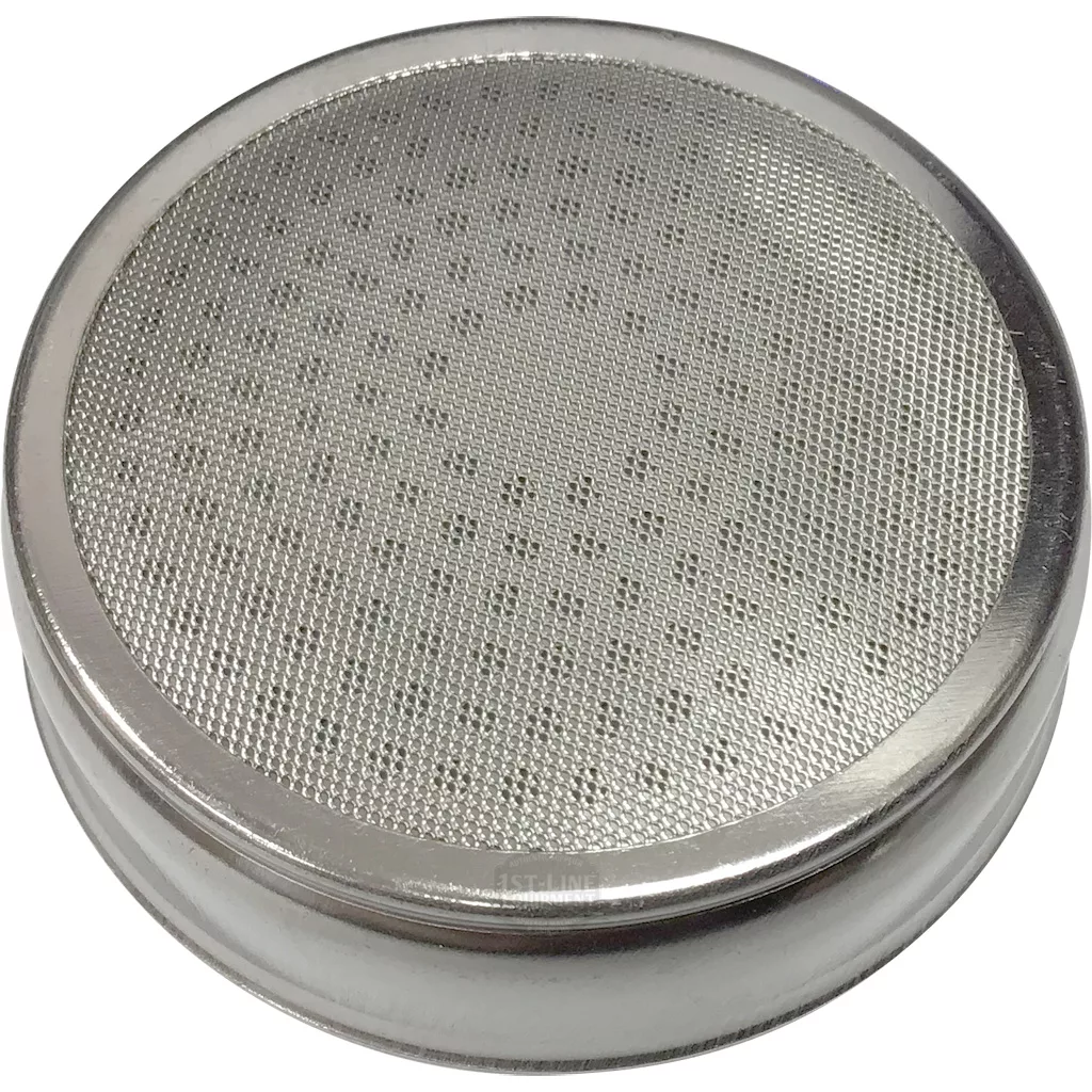 The discontinued ECM C519900103 Shower/Dispersion Screen is a round metal filter basket with fine mesh and small holes, perfect for evenly filtering coffee grounds in your espresso machine. © 2025 1st-line.com