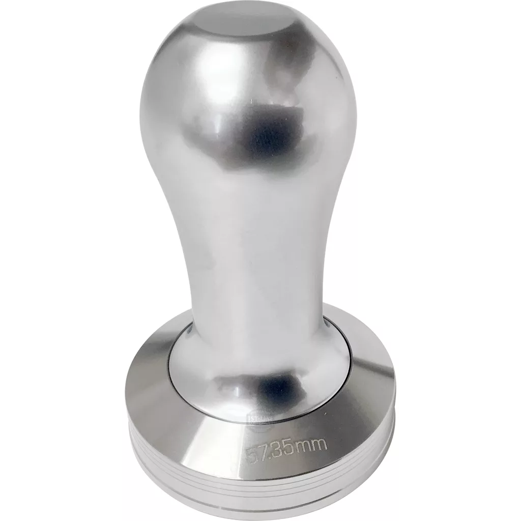 The Lelit PLA471A Espresso Coffee Tamper features a flat 57.35mm stainless steel base, a durable aluminum handle, and size marking on the side. © 2025 1st-line.com