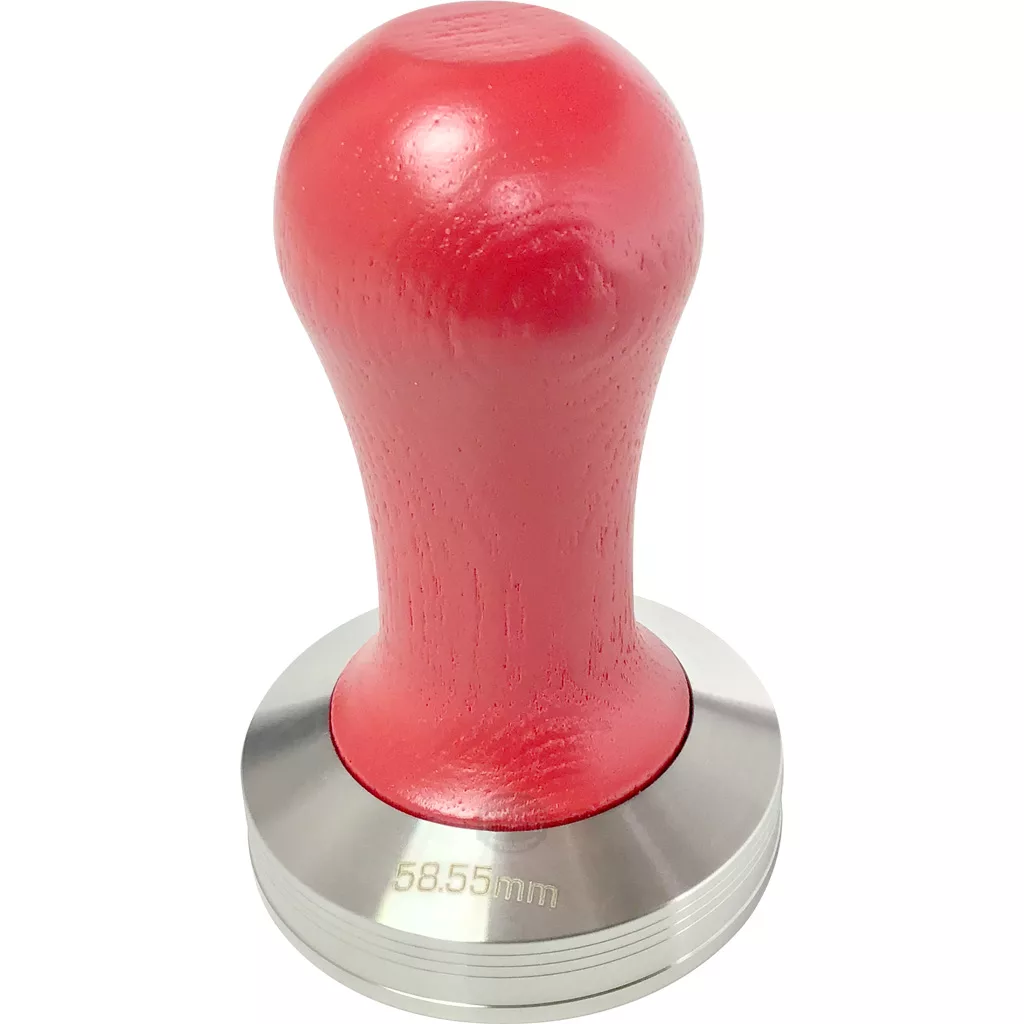 The Lelit PLA481R Red Handle 58.55mm Espresso Coffee Tamper features a silver metal base, ideal for tamping coffee grounds in compatible espresso machines. © 2025 1st-line.com