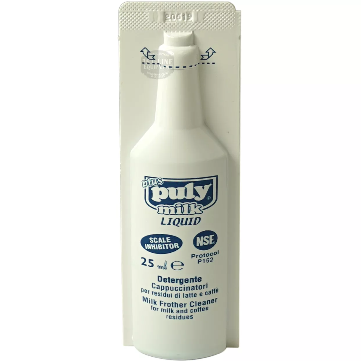 The Puly Milk Plus Liquid with Washing Basin is a white 25 ml bottle cleaner for milk frothers, featuring blue text and a sealed top—ideal for easy residue removal near your washing basin. © 2025 1st-line.com