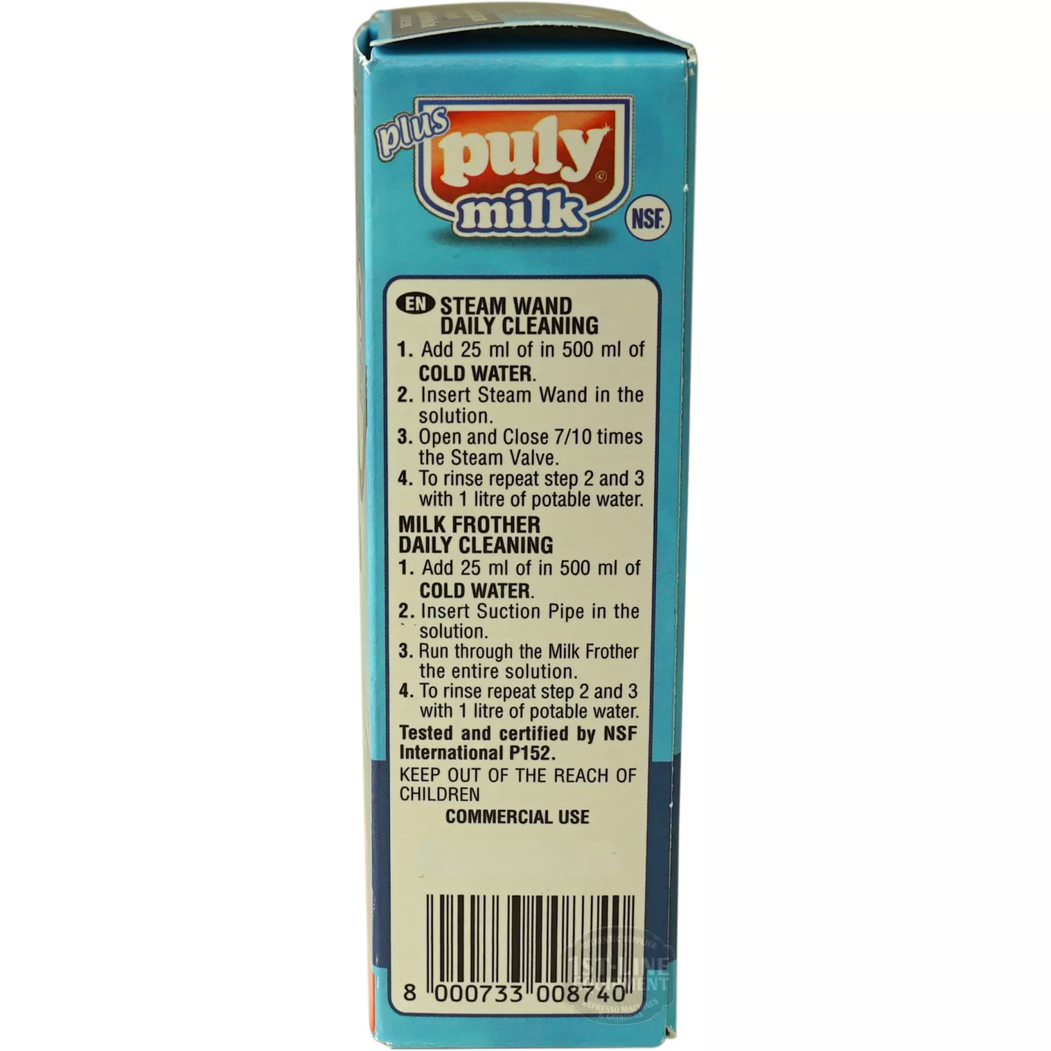 A blue box of Puly Milk Plus Liquid with English instructions for daily cleaning of espresso machine steam wands and milk frothers, plus safety warnings and a barcode on the bottom. © 2025 1st-line.com