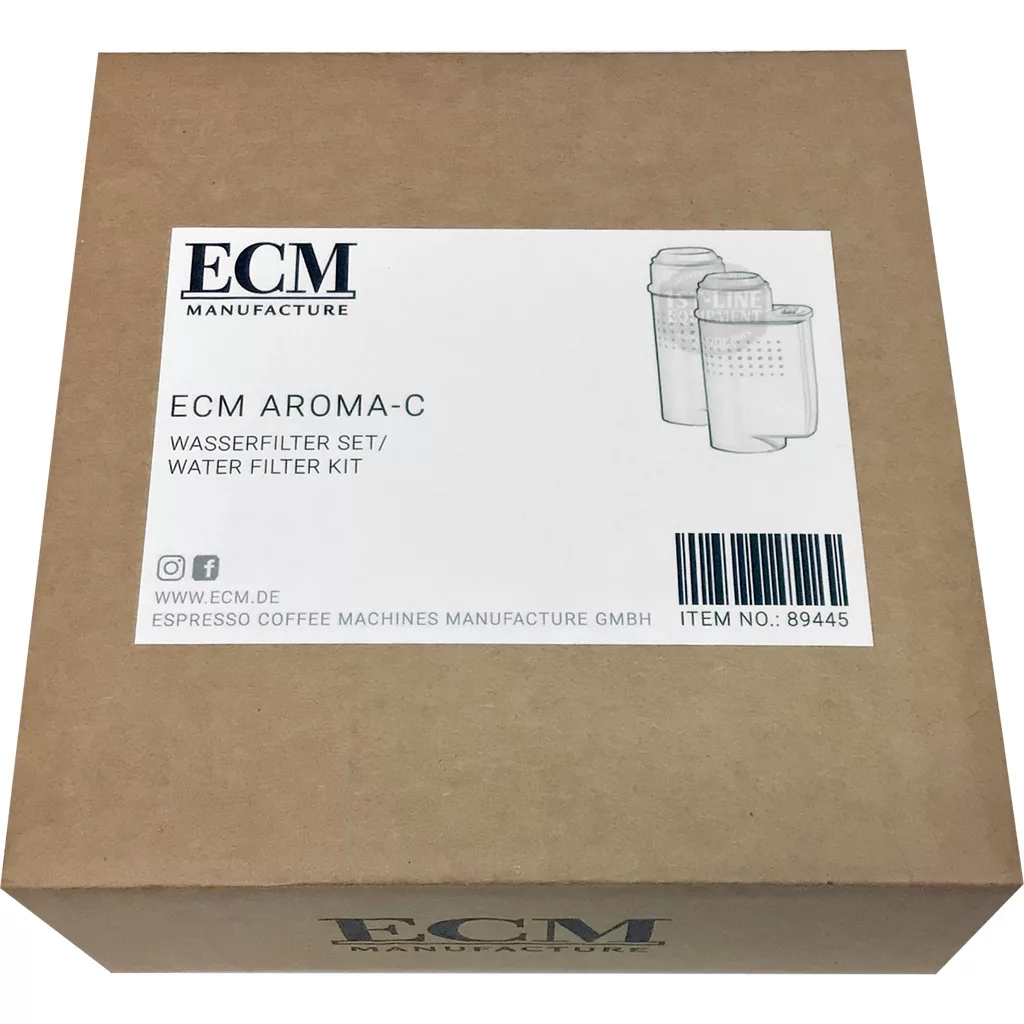 A brown box labeled DISCONTINUED ECM 89445.K Water Tank Filter/Softener Kit, featuring related illustrations and product details on a white sticker. © 2025 1st-line.com