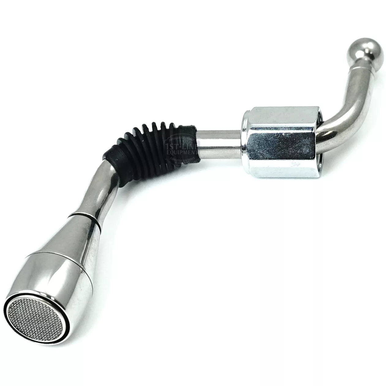 A chrome and black metal automotive tire valve extension with a flexible rubber section and hex nut for secure attachment, engineered with precision similar to the ECM P6006 Hot Water Wand Assembly. © 2025 1st-line.com