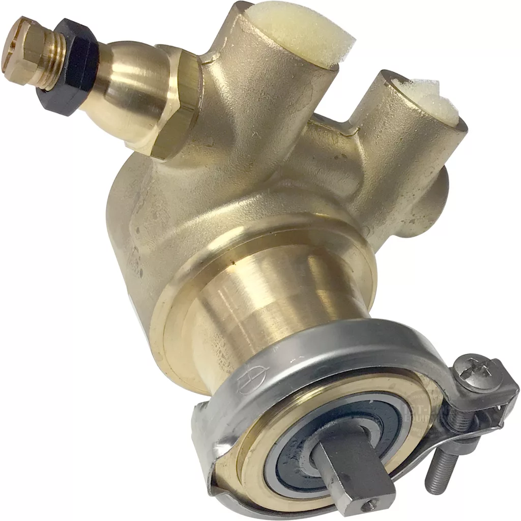 A close-up of a brass mechanical valve with multiple ports, a metal clamp with a bolt, and a square central shaft—compatible with the Lelit 9700002 Bianca Rotary Vane Pump—isolated on a white background. © 2025 1st-line.com