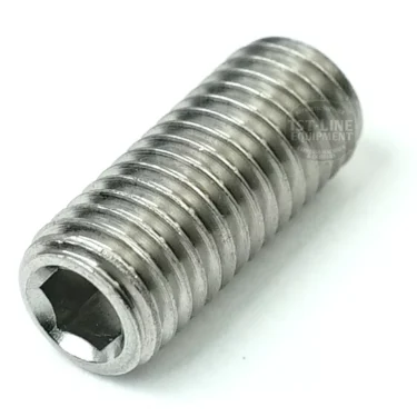 A close-up of a stainless steel DISCONTINUED ECM P1984A Foot Screw M10x25 shows its cylindrical threaded body and hexagonal socket end. © 2025 1st-line.com