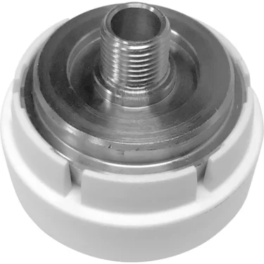 A close-up of the ECM P6024 Aroma-C Water Filter Adapter shows its white plastic outer ring and metallic threaded center. © 2025 1st-line.com