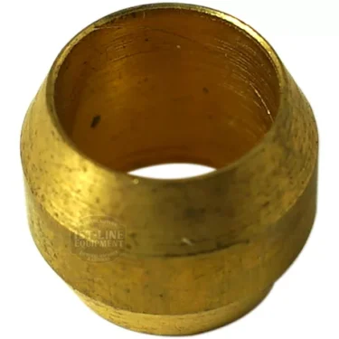 A close-up of the F..495 8mm BICONE brass compression ring, a cylindrical ferrule with a smooth, shiny surface and tapered edge, commonly used in plumbing to seal pipe connections. © 2025 1st-line.com