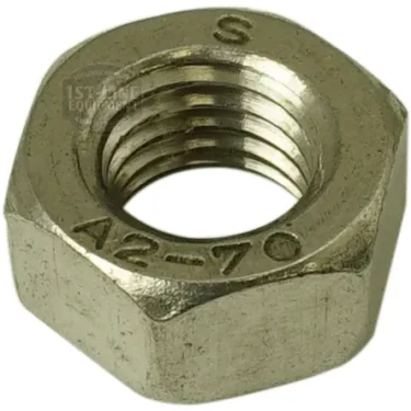 A close-up of the FA1011 M12 NUT, showing its metallic body, threaded inner hole, and surface markings: A2-70, FA1011, and the letter S. © 2025 1st-line.com