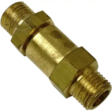 A close-up of the GI.591 PRESSURE VALVE, a brass check valve with threaded male ends on both sides, designed for plumbing or fluid systems to allow flow in only one direction. © 2025 1st-line.com