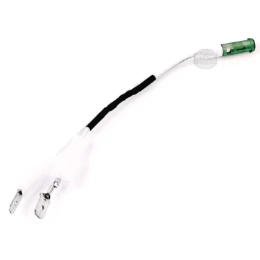 A white cable with a green plastic connector—designed for the ECM P9109 Green Control Lamp—with two metal fork terminals on the other end, partially covered by black heat shrink tubing. © 2025 1st-line.com