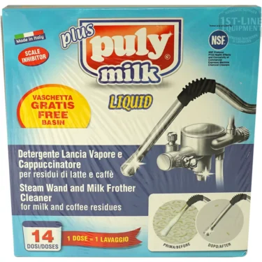 Box of Puly Milk Plus Liquid with Washing Basin, 14 doses for cleaning steam wands and milk frothers. Includes free washing basin, before-and-after images. Text in Italian & English on a blue background. © 2025 1st-line.com