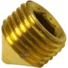 Close-up of a brass threaded insert with a hexagonal socket, designed for securing parts in F.1379 RESISTANCE CAP assemblies. The insert has sharp threads and a shiny, metallic gold finish. © 2025 1st-line.com