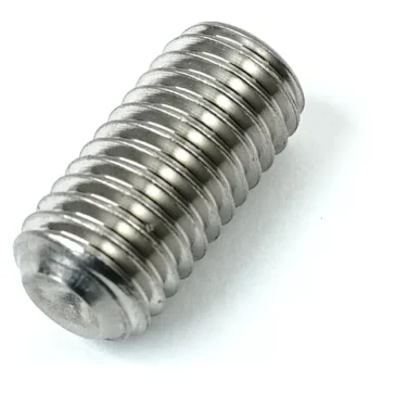 Close-up of an ECM P1984 Foot Screw M10x20, metallic and cylindrical with evenly spaced threads and flat ends, displayed on a white background. © 2025 1st-line.com