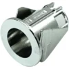 Close-up of the ECM P9112 Chrome Round Fitting, a metal cam lock cylinder with a chrome keyhole and two flat mounting wings, designed for securing cabinets or drawers. © 2025 1st-line.com