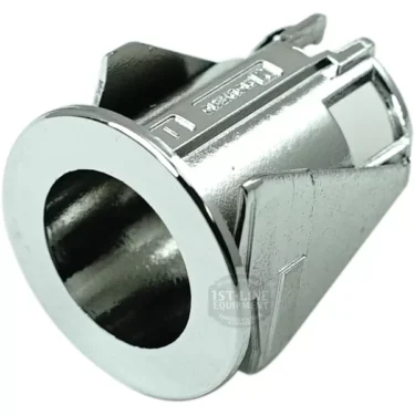 Close-up of the ECM P9112 Chrome Round Fitting, a metal cam lock cylinder with a chrome keyhole and two flat mounting wings, designed for securing cabinets or drawers. © 2025 1st-line.com