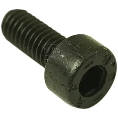 Close-up of the F.1260 SCREW M4x10mm, a black socket head cap screw with cylindrical head and threaded body, set against a plain white background. © 2025 1st-line.com