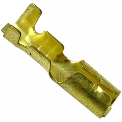 Close-up of the GAS450 4mm FAXTON TERMINAL, a gold-colored metal connector with a crimped design and grooved edges, used for attaching wires in electrical circuits. © 2025 1st-line.com