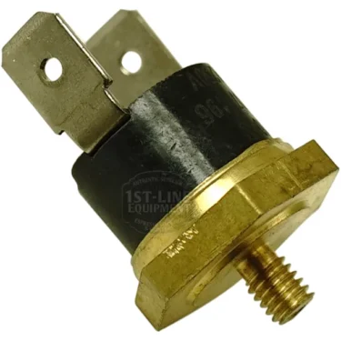 Close-up of the GI.357 98° COFFEE THERMOSTAT, featuring a brass and metal body, threaded base, and two flat terminals for wiring—used in espresso machines to ensure precise temperature control. © 2025 1st-line.com