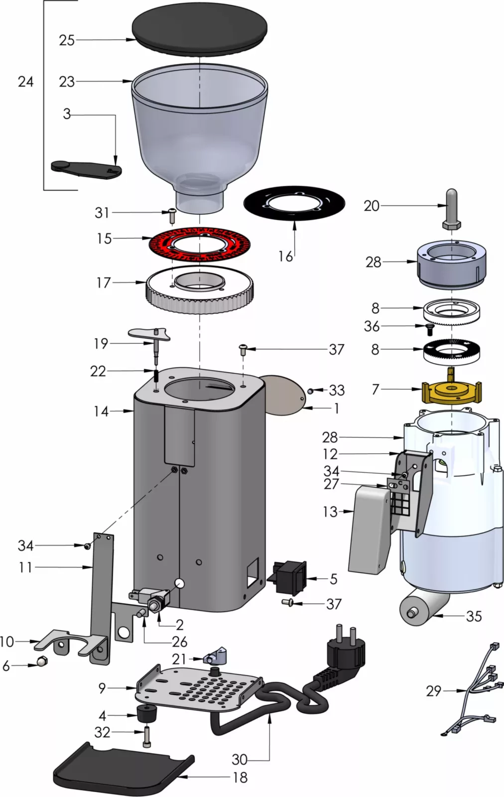 Exploded view diagram of a coffee grinder showing all parts, including the hopper, lid, grinding chamber, blades, adjustment rings, screws, base, power cord, switches, and various internal and external components in detail. © 2025 1st-line.com