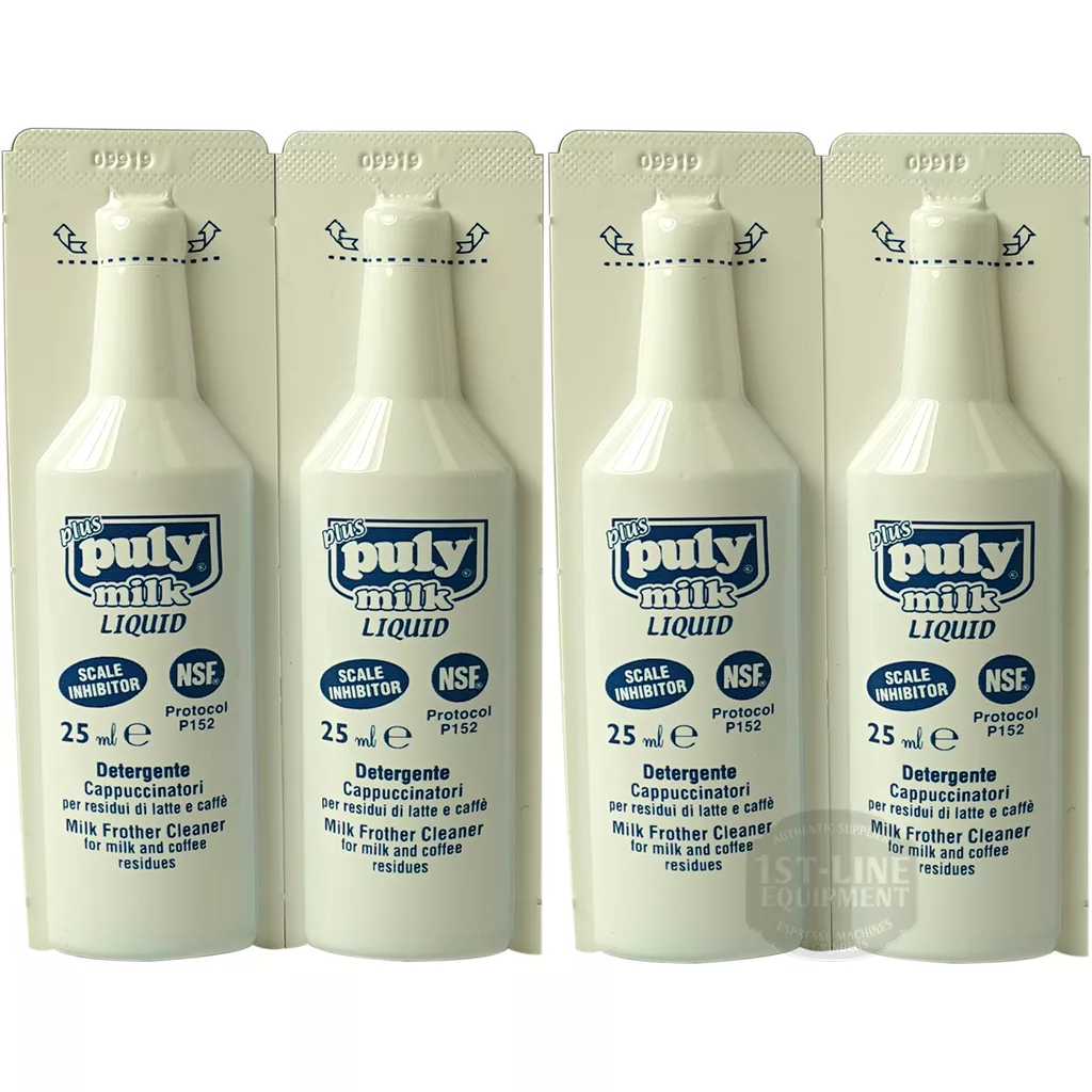 Four white bottles of Puly Milk Plus Liquid, each 25 ml, are arranged side by side. This milk frother cleaner is ideal for thorough espresso machine cleaning. The labels display blue and black product details. © 2025 1st-line.com