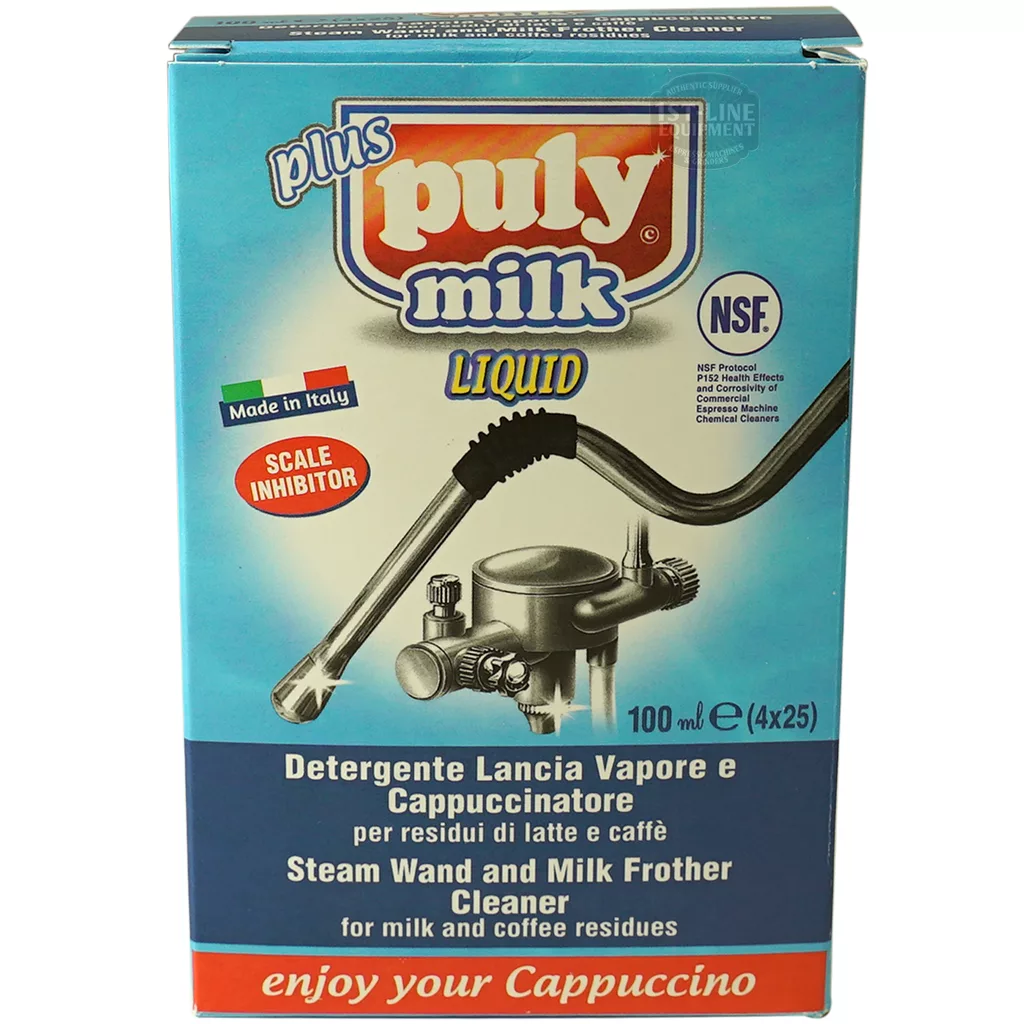 Front view of a blue box of Puly Milk Plus Liquid, a milk frother cleaner for coffee machines. The packaging shows product details in several languages and features an image of a steam wand. © 2025 1st-line.com