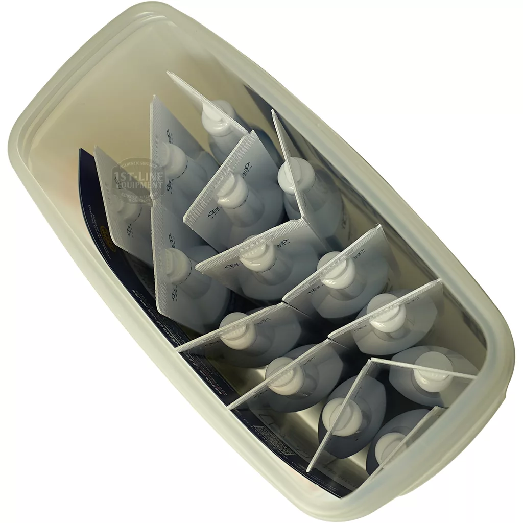 Rectangular plastic container holds nine upright tubes of Puly Milk Plus Liquid with pointed caps, arranged in three rows, viewed from above beside a washing basin. Product: Puly Milk Plus Liquid with Washing Basin. © 2025 1st-line.com