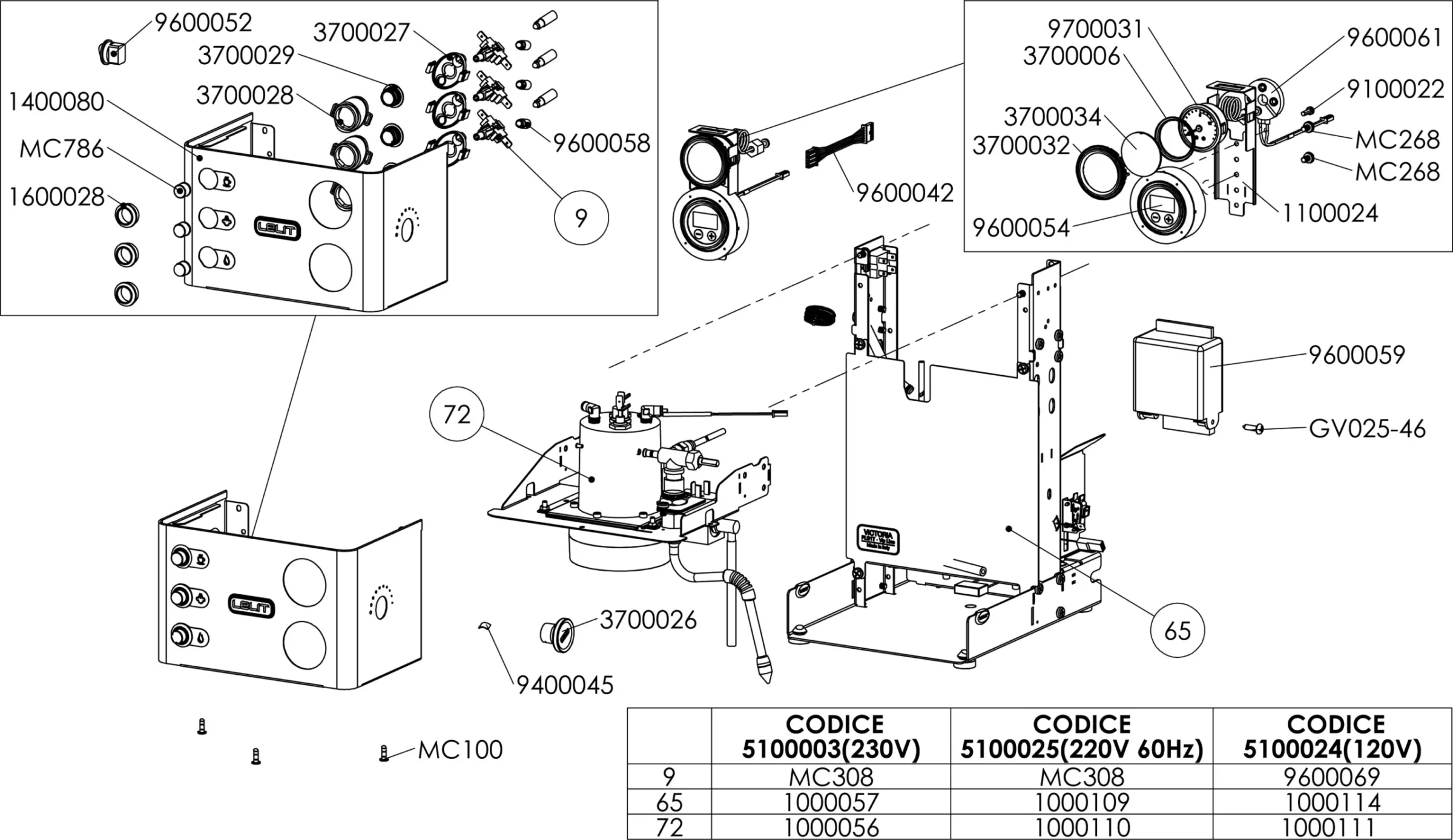 Technical Parts Diagram for the Lelit PL91T Victoria espresso machine, featuring labeled panels, switches, connectors, exploded views, part numbers, and a table listing voltage codes. © 2025 1st-line.com