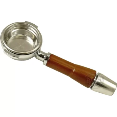 The ACS VES0100/L Vesuvius E61 Bottomless Portafilter with a wooden handle and detachable metal spout is displayed against a white background. © 2025 1st-line.com