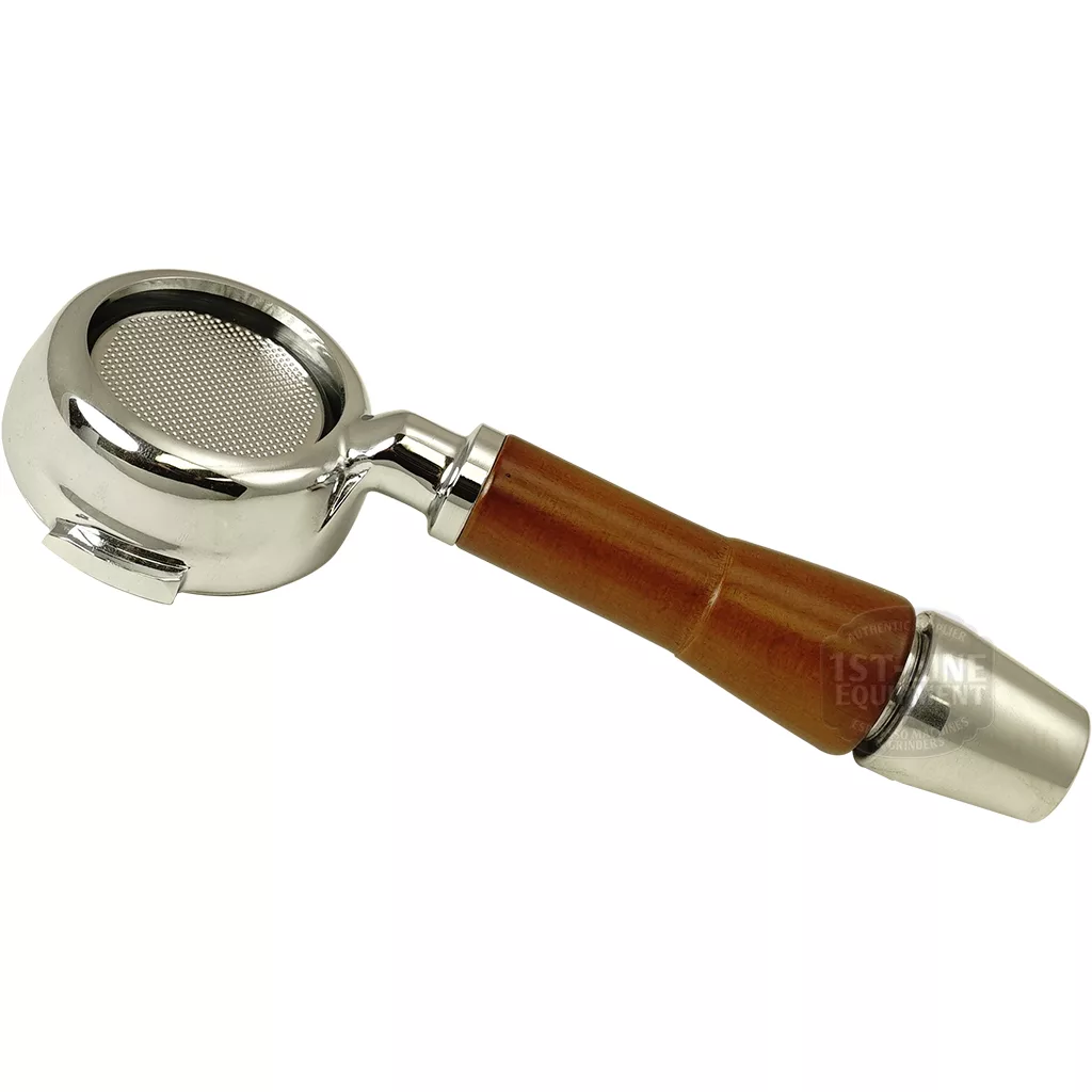 The ACS VES0100/L Vesuvius E61 Bottomless Portafilter with a wooden handle is shown on a white background, featuring its exposed filter basket and spout-free design for espresso enthusiasts. © 2025 1st-line.com