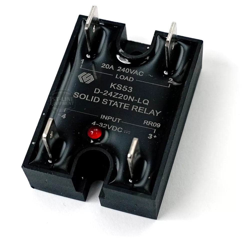 The discontinued ECM P6029 Solid State Relay is black, has four metal terminals, a red LED indicator, and supports 20A 240VAC load with 4-32VDC input. Model KS53 D-24Z20N-LQ. © 2025 1st-line.com