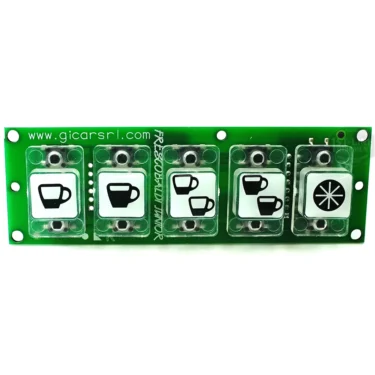 The ECM P4006 Electronic Keypad features a green circuit board with five white square buttons, each displaying black coffee cup icons (last has a star-like symbol), and www.gicarsrl.com printed at the top left. © 2025 1st-line.com