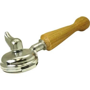 The Elektra 06141039 58mm Single Spout Wood Handle Portafilter, featuring a light brown wooden handle, is displayed against a plain white background. © 2025 1st-line.com