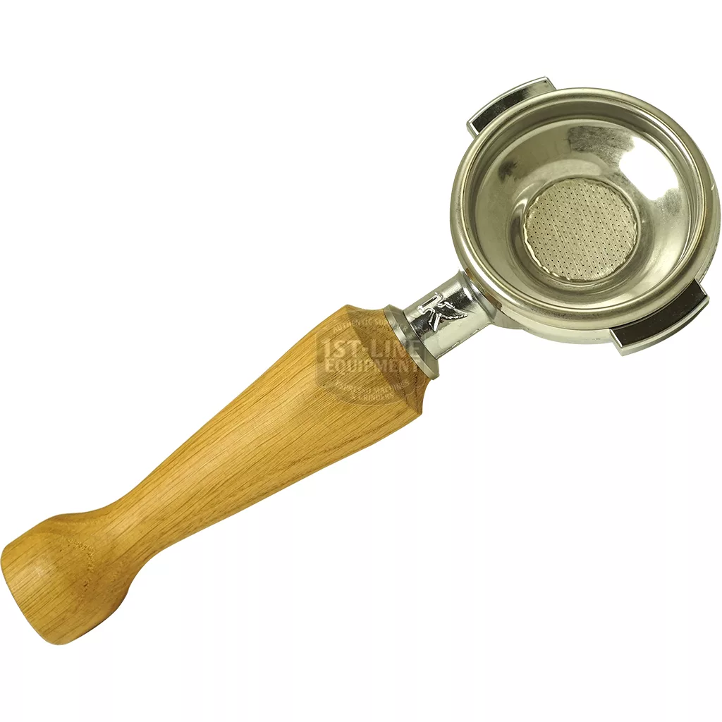 The Elektra 06141039 is a 58mm metal portafilter with a round filter basket and a light wooden handle, designed for holding coffee grounds in espresso machines. © 2025 1st-line.com