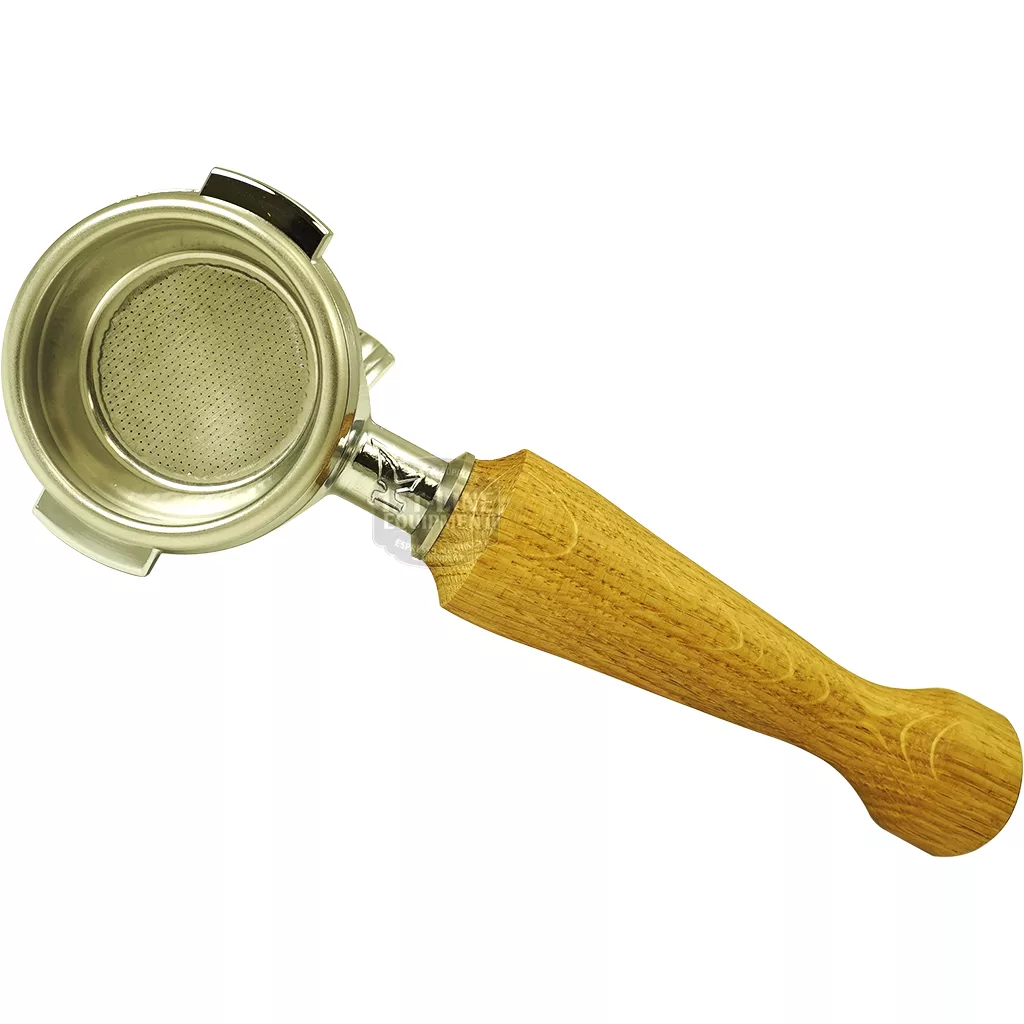 The Elektra 06142039 58mm Dual Spout Wood Handle Portafilter, featuring a flat circular filter basket and light brown wood handle, is shown on a white background; its dual spout design ensures smooth espresso extraction. © 2025 1st-line.com