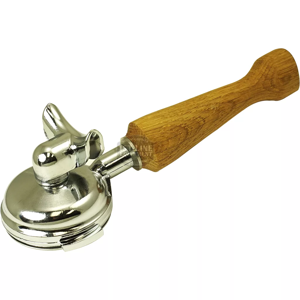 The Elektra 06142039 58mm Dual Spout Wood Handle Portafilter, featuring a polished metal finish and wood handle, is photographed on a white background. © 2025 1st-line.com